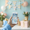 Smartphone mockup showing the birthday video card playing in a messaging app.