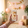 Smartphone mockup displaying the gold digital greeting card in a chat window.