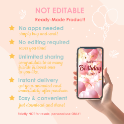 Advantages of ready-made birthday video cards: no editing required, instant download.