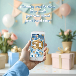 Modern smartphone mockup displaying the men's 50th birthday video greeting.
