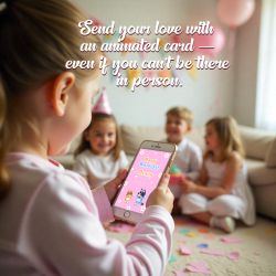 Child holding a smartphone displaying the personalized Bluey animated greeting.