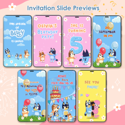 Animation storyboard showing Bluey characters and dynamic party invitation text.