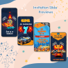 Animation sequence showing racing cars, orange tracks, and dynamic party invitation text.