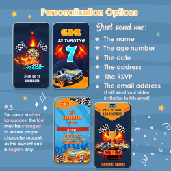 Customization options: add boy’s name, age, party date, time, and track location.