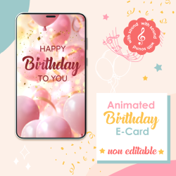 Pink animated birthday card with balloons for her. Bespoke pink aesthetic birthday animation by Otrismarket.