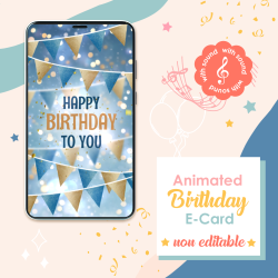 Animated birthday e-card cover with festive motion graphics and music for him or her.