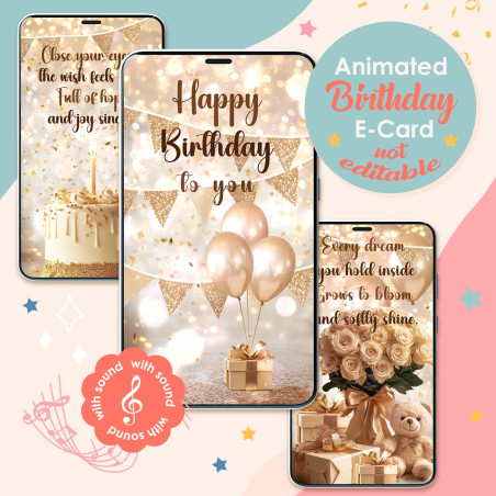 Обкладинка золотої анімованої листівки з днем народження з ефектом сяйва та музикою.