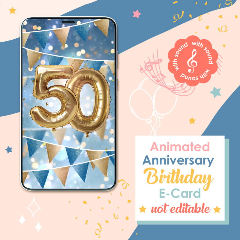 Animated 50th birthday e-card for him with masculine gold and dark design.
