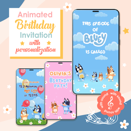 Animated Bluey birthday invitation video for girls with music and party details.