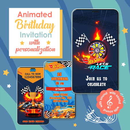 Hot Wheels themed animated birthday invitation for boys with racing cars and music.