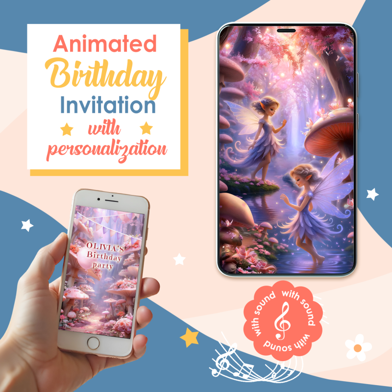 Animated Fairy-themed birthday video invitation for girls with magical forest design and music.