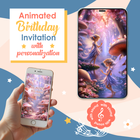 Animated Fairy-themed birthday video invitation for girls with magical forest design and music.