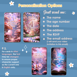 Personalization options: custom name, age, party date, time, and enchanted forest location.