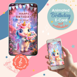 Funny Animated Unicorn Birthday eCard MP4. Instant digital greeting ecard for kids and adults.