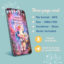 Musical video еcard for text message sharing. Non-editable, Cute cartoon unicorn theme.
