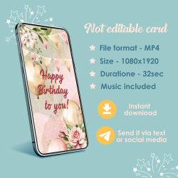 Text message friendly, MP4 format video gift. Aesthetic Bday Card for special women, ready for messenger apps and social media.