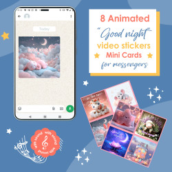Good Night Animated Video Sticker Set of 8. Digital E-Gift for universal mobile texting.  MP4 files for social media and chats.