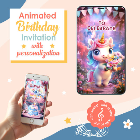 Cover of Animated Rainbow Unicorn Birthday Invitation for Girls. Digital Video Evite MP4 with magical fantasy theme.