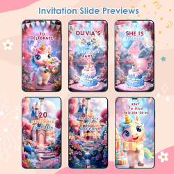 Shows  animation and all pages. Personalized digital invitation for girls turning  2nd, 3rd, 4th, 5th, 6th, 7th birthday