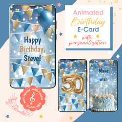 Personalized milestone birthday video ecard for men. Luxury blue and gold animated greeting.