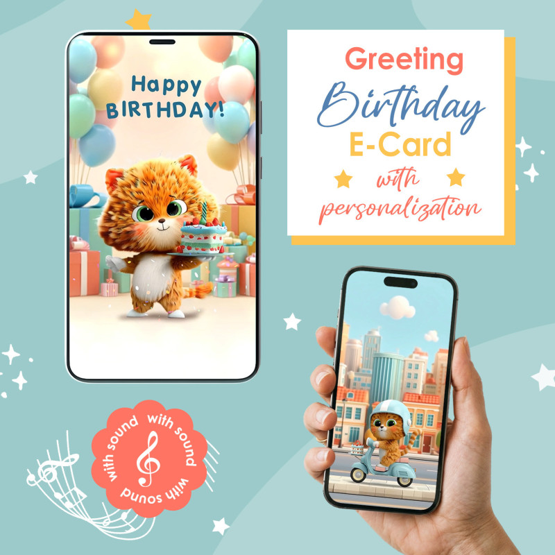 Personalized birthday video ecard with cute ginger cat. Funny 3D animated digital greeting gift.