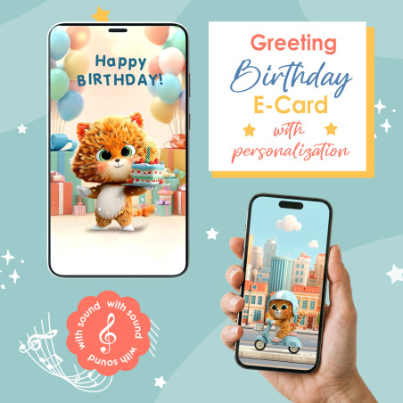 Personalized birthday video ecard with cute ginger cat. Funny 3D animated digital greeting gift.