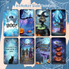 Storyboard of animated Halloween evite. Atmospheric 2D motion design with eerie lighting effects.